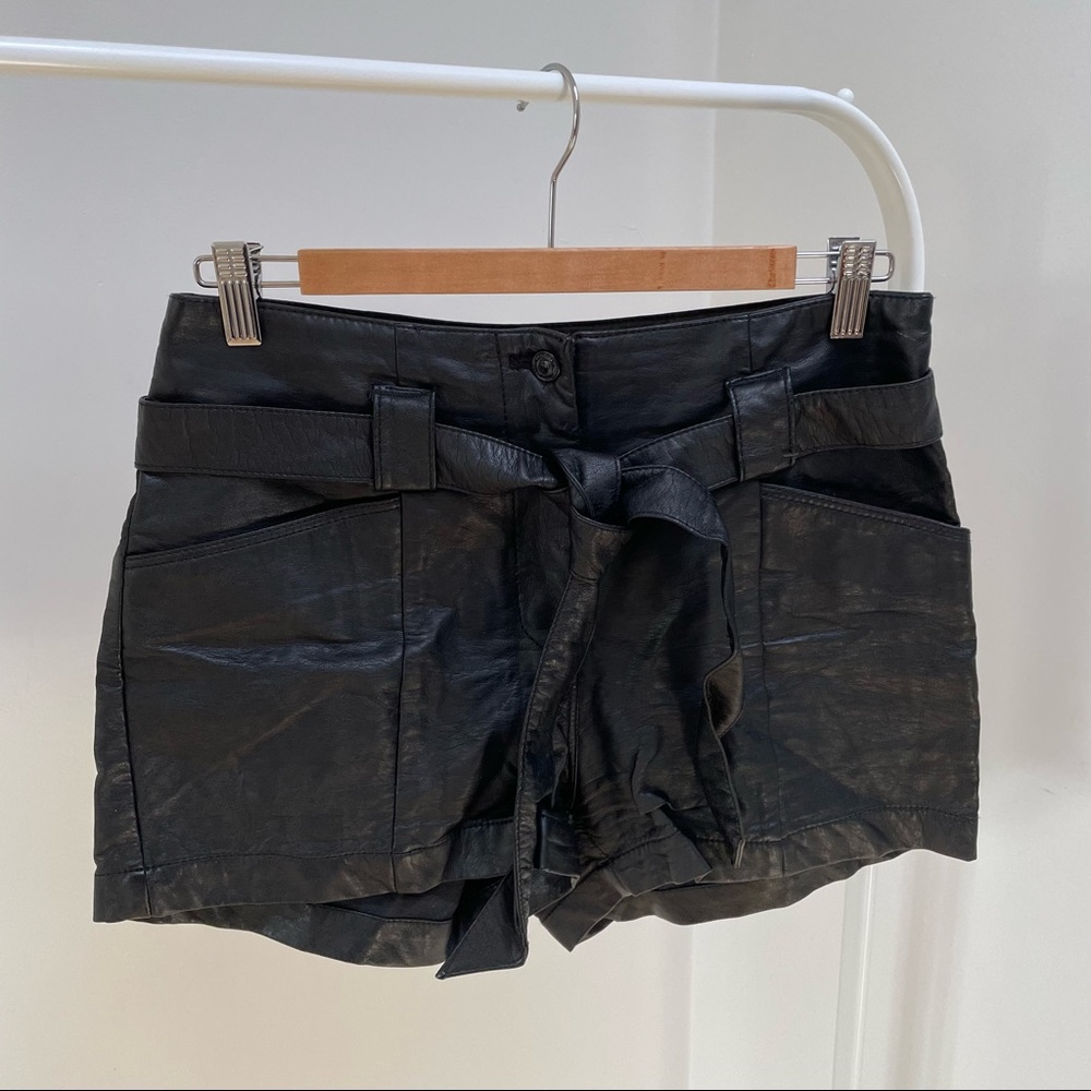 H&M Black High Waisted Tie Belted Faux Leather Shorts Size 8